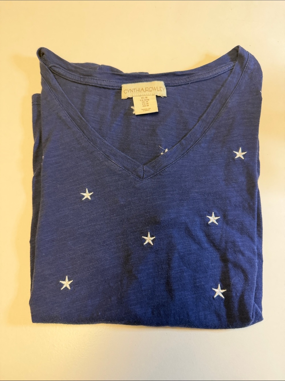 Cynthia Rowley Navy V-Neck Tee with White Star Embroidery